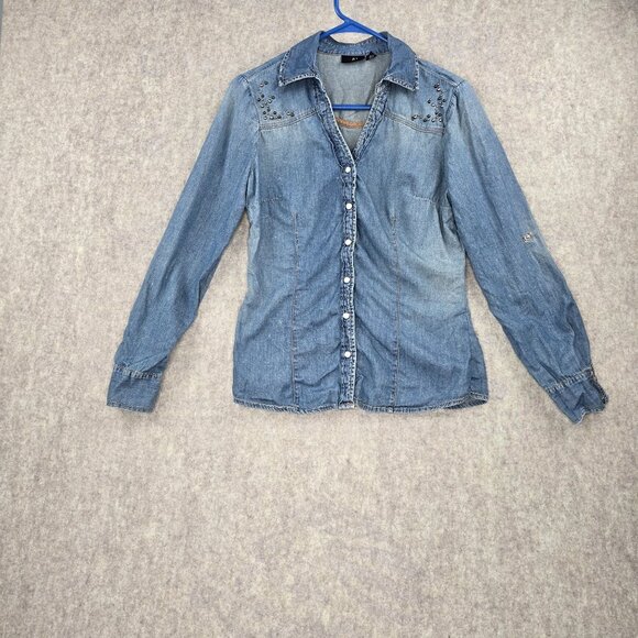 A.N.A Womens Denim Long Sleeve Button-Down Shirt With Stud Accents Size S Cotton - Picture 1 of 5